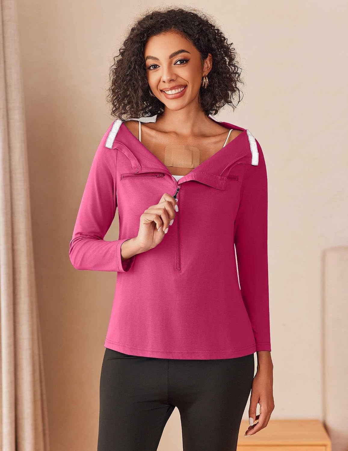 image:imageDeyeek Womens Long Sleeve Chemo Shirts Port Access Chemotherapy Apparel Practical chemotherapy must haves A thoughtful and comfortable recovery clothing gift for cancer patientsRose Red