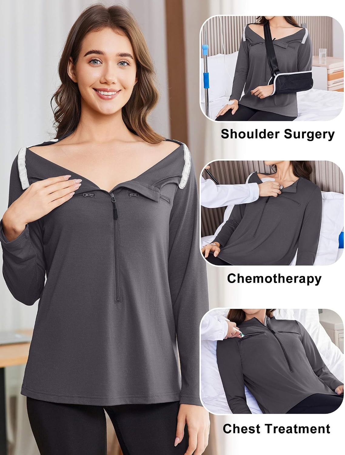 image:imageDeyeek Womens Long Sleeve Chemo Shirts Port Access Chemotherapy Apparel Practical chemotherapy must haves A thoughtful and comfortable recovery clothing gift for cancer patientsDark Grey