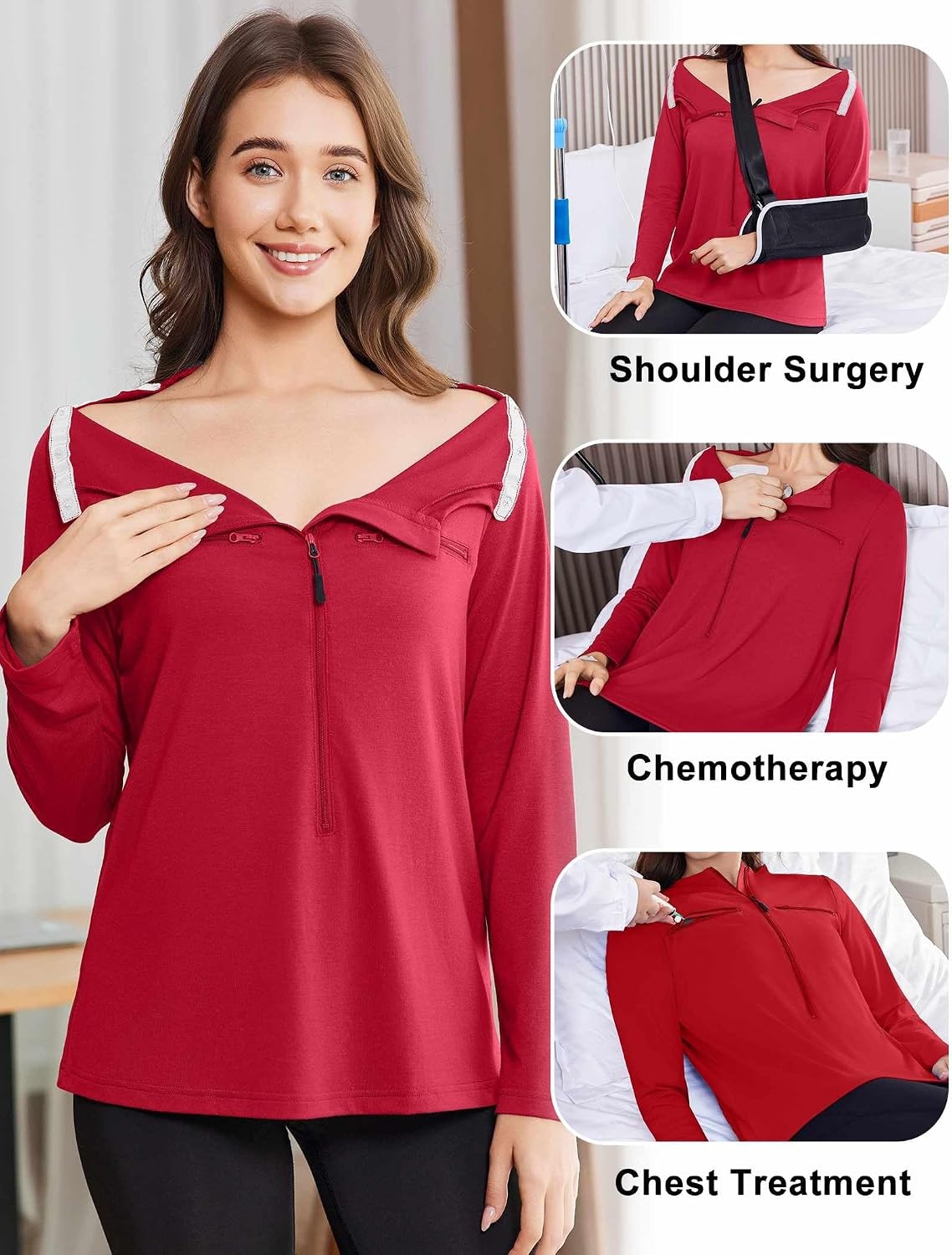 image:imageDeyeek Womens Long Sleeve Chemo Shirts Port Access Chemotherapy Apparel Practical chemotherapy must haves A thoughtful and comfortable recovery clothing gift for cancer patientsRed