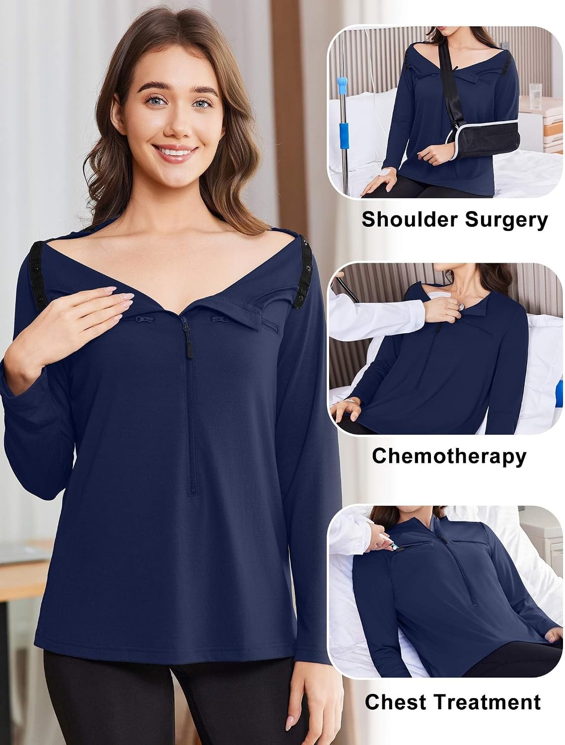 image:imageDeyeek Womens Long Sleeve Chemo Shirts Port Access Chemotherapy Apparel Practical chemotherapy must haves A thoughtful and comfortable recovery clothing gift for cancer patientsNavy Blue