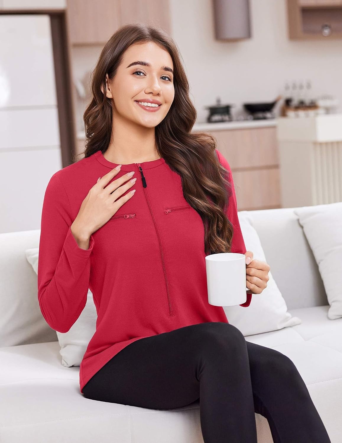 image:imageDeyeek Womens Long Sleeve Chemo Shirts Port Access Chemotherapy Apparel Practical chemotherapy must haves A thoughtful and comfortable recovery clothing gift for cancer patientsRed