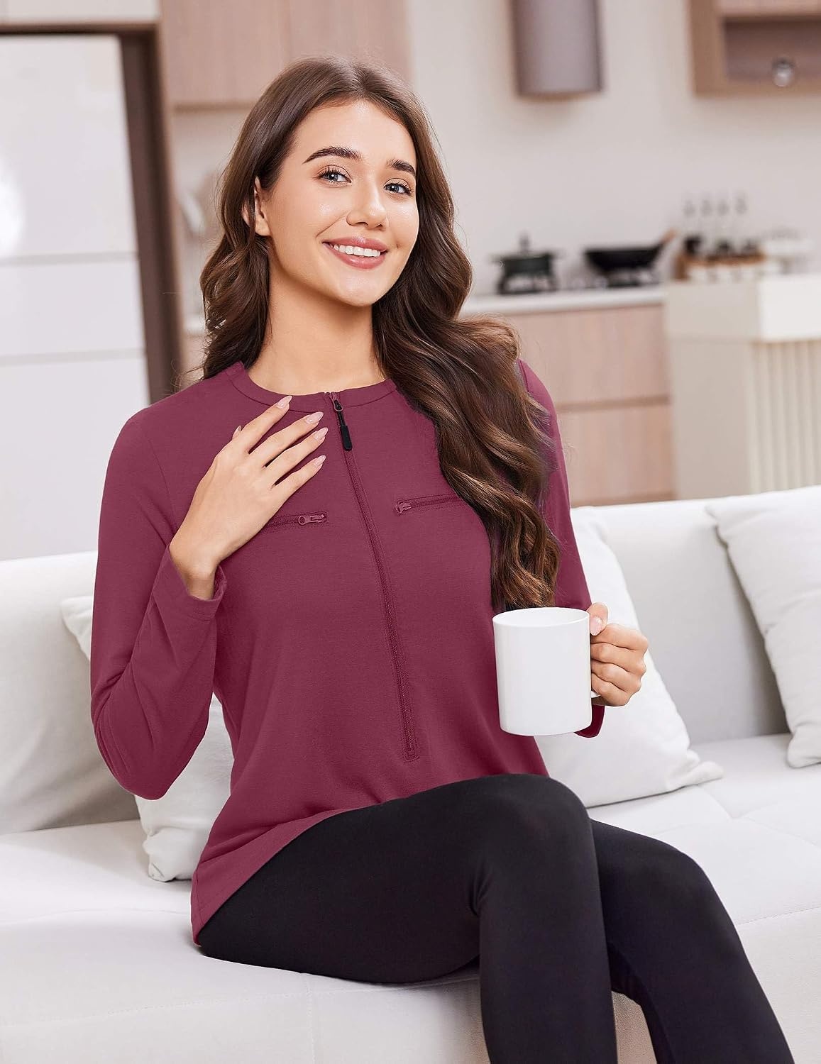 image:imageDeyeek Womens Long Sleeve Chemo Shirts Port Access Chemotherapy Apparel Practical chemotherapy must haves A thoughtful and comfortable recovery clothing gift for cancer patientsWine Red