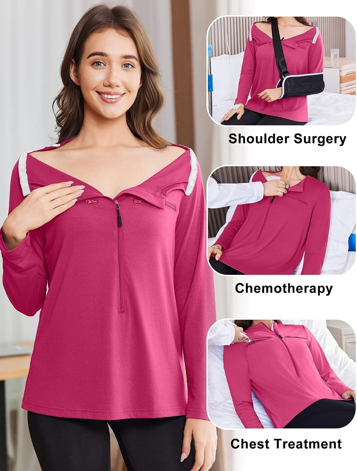 image:imageDeyeek Womens Long Sleeve Chemo Shirts Port Access Chemotherapy Apparel Practical chemotherapy must haves A thoughtful and comfortable recovery clothing gift for cancer patientsRose Red