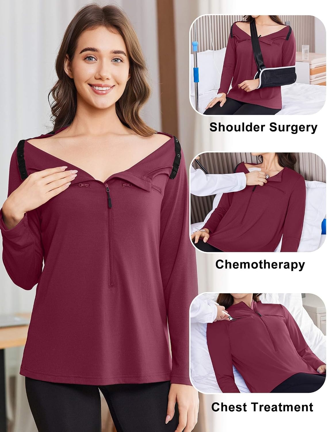 image:imageDeyeek Womens Long Sleeve Chemo Shirts Port Access Chemotherapy Apparel Practical chemotherapy must haves A thoughtful and comfortable recovery clothing gift for cancer patientsWine Red