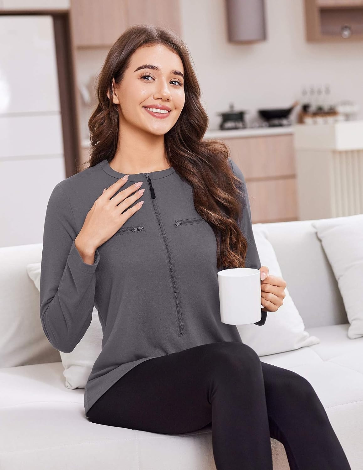 image:imageDeyeek Womens Long Sleeve Chemo Shirts Port Access Chemotherapy Apparel Practical chemotherapy must haves A thoughtful and comfortable recovery clothing gift for cancer patientsDark Grey