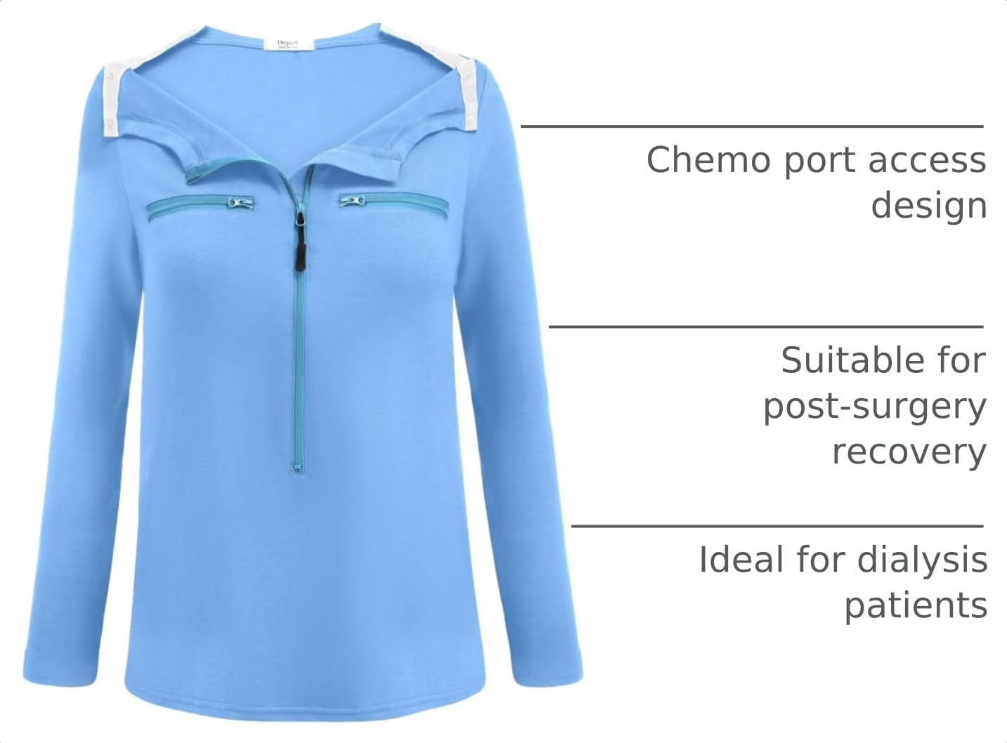 image:imageDeyeek Womens Long Sleeve Chemo Shirts Port Access Chemotherapy Apparel Practical chemotherapy must haves A thoughtful and comfortable recovery clothing gift for cancer patientsLight Blue