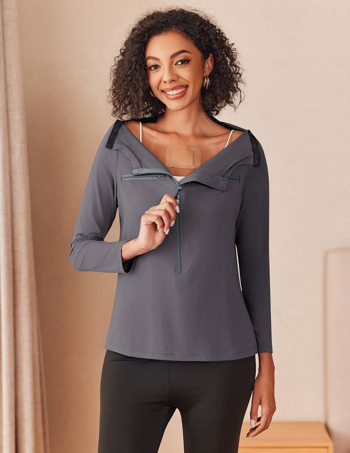 image:imageDeyeek Womens Long Sleeve Chemo Shirts Port Access Chemotherapy Apparel Practical chemotherapy must haves A thoughtful and comfortable recovery clothing gift for cancer patientsDark Grey