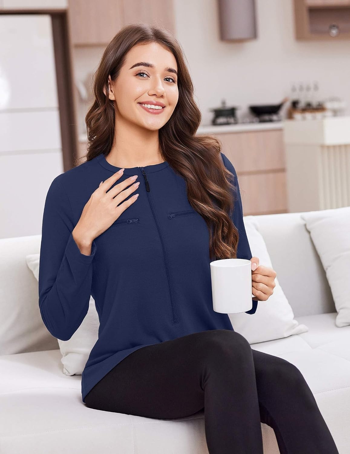 image:imageDeyeek Womens Long Sleeve Chemo Shirts Port Access Chemotherapy Apparel Practical chemotherapy must haves A thoughtful and comfortable recovery clothing gift for cancer patientsNavy Blue