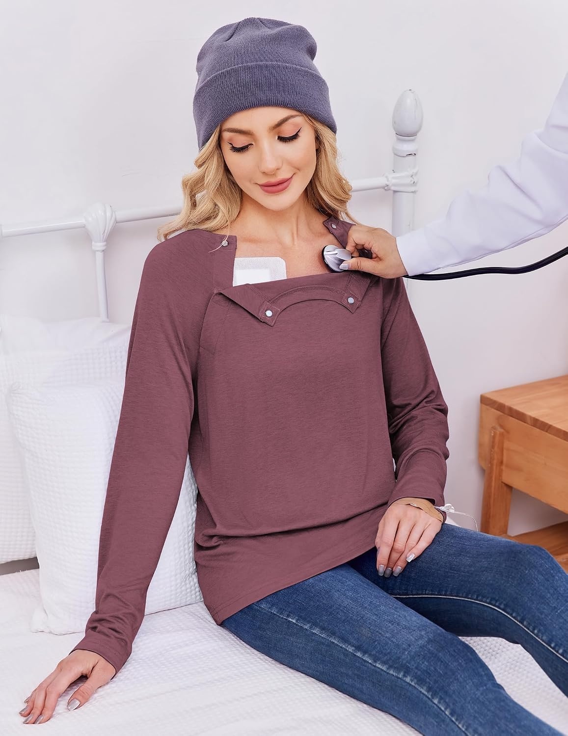image:imageDeyeek Womens Long Sleeve Magnetic Buttons Chemo Shirts for Port Access Tear Away Post Surgery Shirt Dialysis Tops for PICC Line HD Catheter Cancer Chemotherapy Must Haves Shoulder RecoveryBurgundy