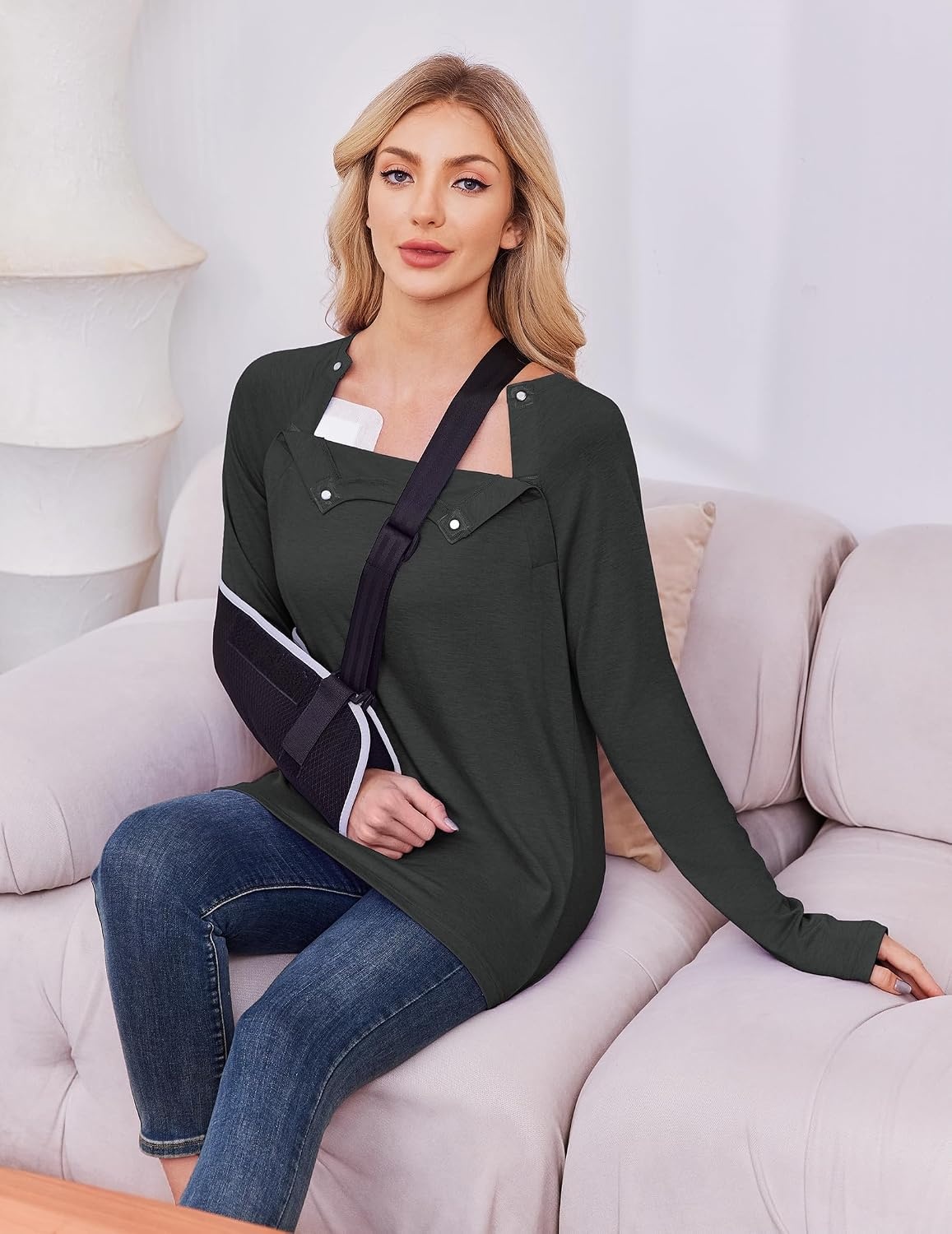 image:imageDeyeek Womens Long Sleeve Magnetic Buttons Chemo Shirts for Port Access Tear Away Post Surgery Shirt Dialysis Tops for PICC Line HD Catheter Cancer Chemotherapy Must Haves Shoulder RecoveryBlack