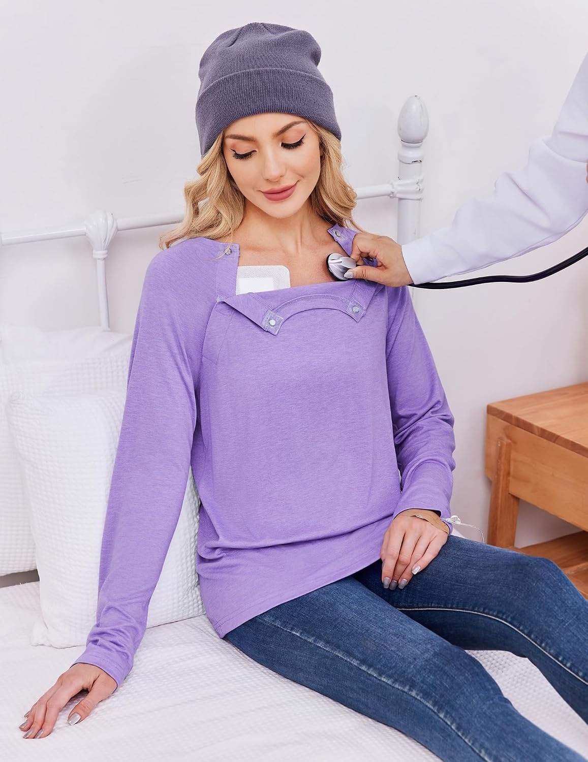 image:imageDeyeek Womens Long Sleeve Magnetic Buttons Chemo Shirts for Port Access Tear Away Post Surgery Shirt Dialysis Tops for PICC Line HD Catheter Cancer Chemotherapy Must Haves Shoulder RecoveryPurple