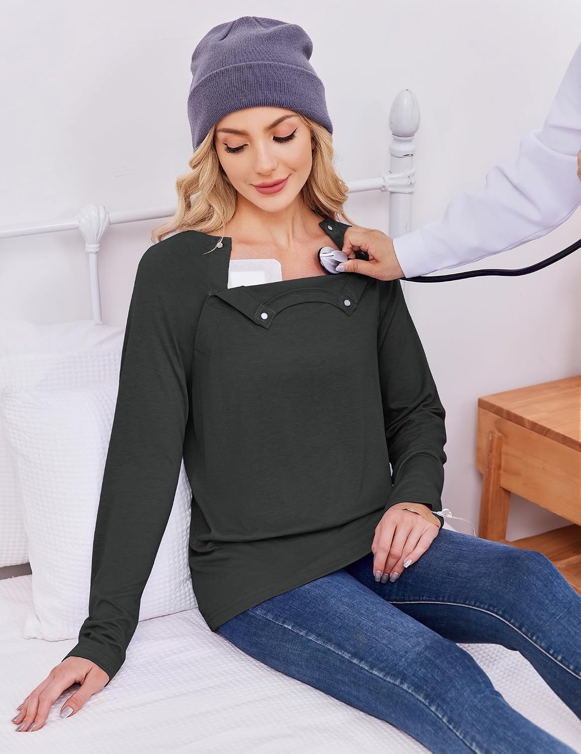 image:imageDeyeek Womens Long Sleeve Magnetic Buttons Chemo Shirts for Port Access Tear Away Post Surgery Shirt Dialysis Tops for PICC Line HD Catheter Cancer Chemotherapy Must Haves Shoulder RecoveryBlack