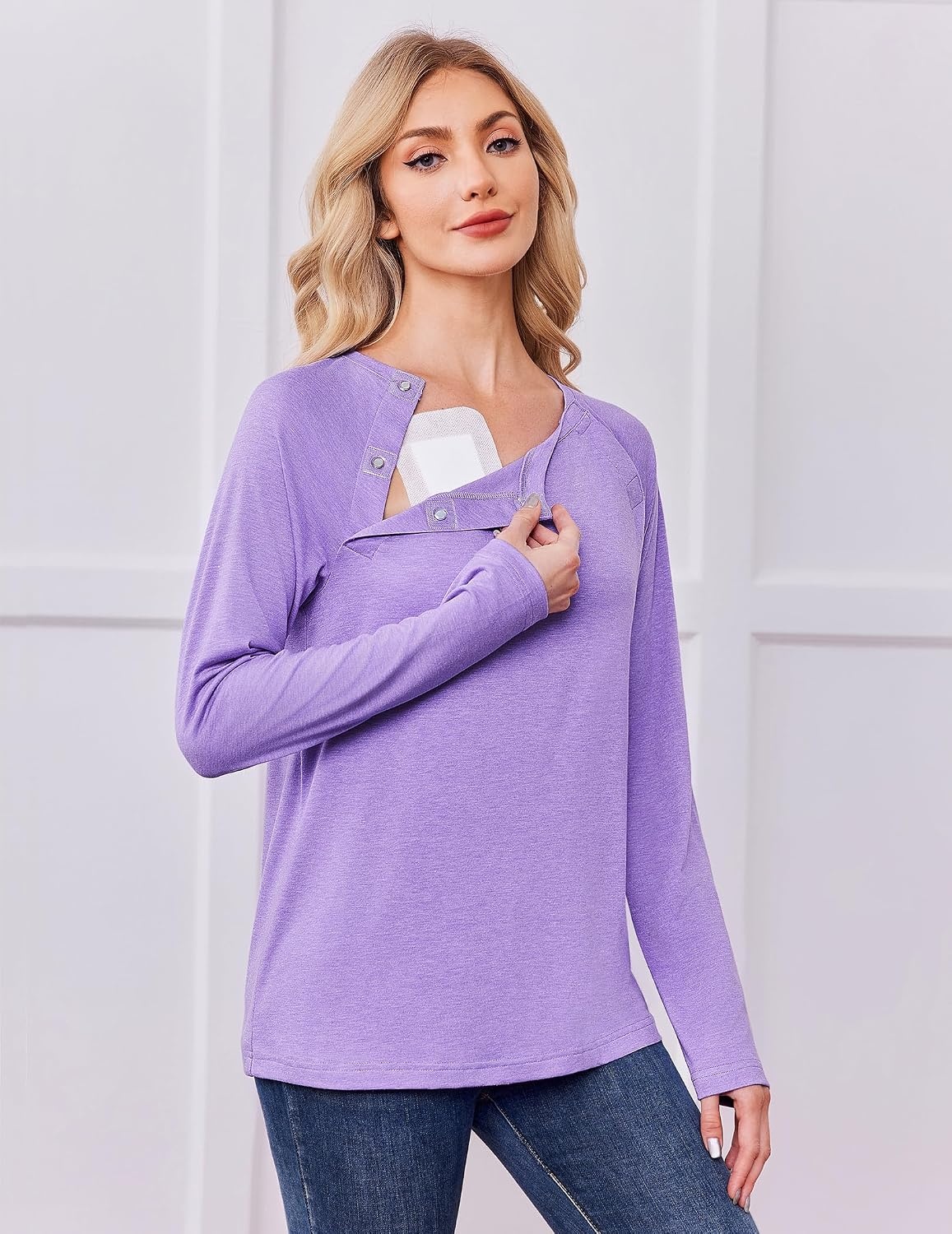 image:imageDeyeek Womens Long Sleeve Magnetic Buttons Chemo Shirts for Port Access Tear Away Post Surgery Shirt Dialysis Tops for PICC Line HD Catheter Cancer Chemotherapy Must Haves Shoulder RecoveryPurple