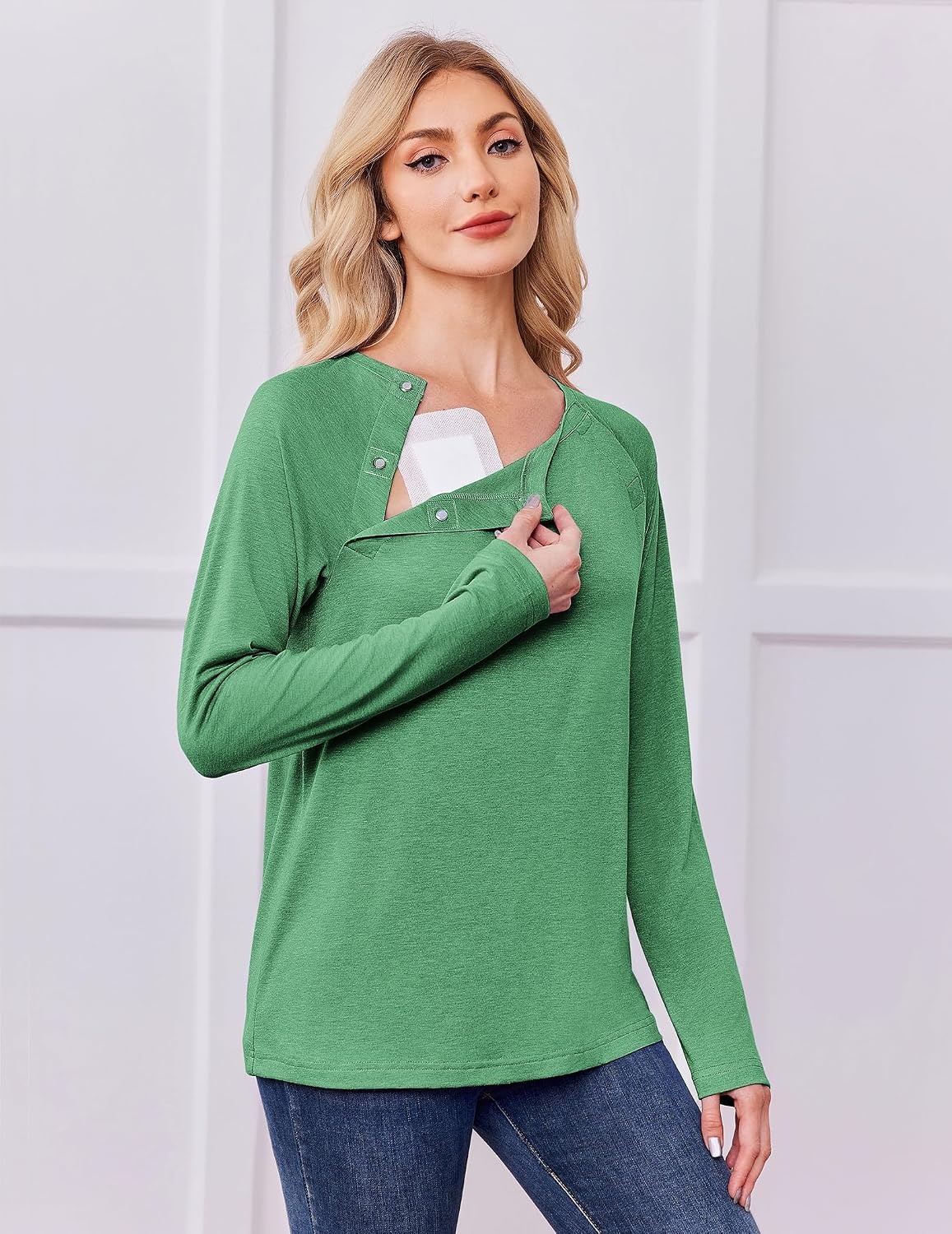 image:imageDeyeek Womens Long Sleeve Magnetic Buttons Chemo Shirts for Port Access Tear Away Post Surgery Shirt Dialysis Tops for PICC Line HD Catheter Cancer Chemotherapy Must Haves Shoulder RecoveryGreen