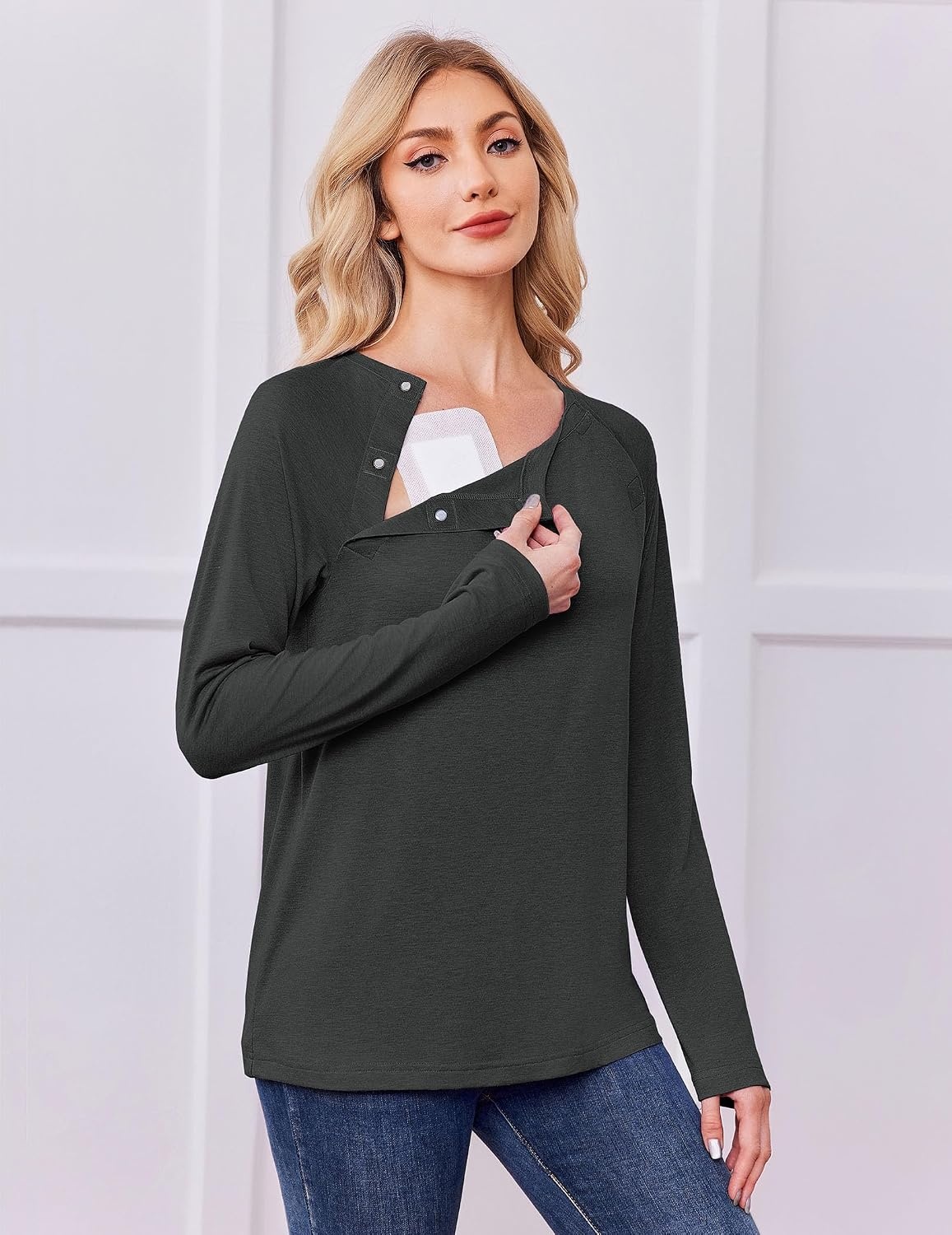 image:imageDeyeek Womens Long Sleeve Magnetic Buttons Chemo Shirts for Port Access Tear Away Post Surgery Shirt Dialysis Tops for PICC Line HD Catheter Cancer Chemotherapy Must Haves Shoulder RecoveryBlack