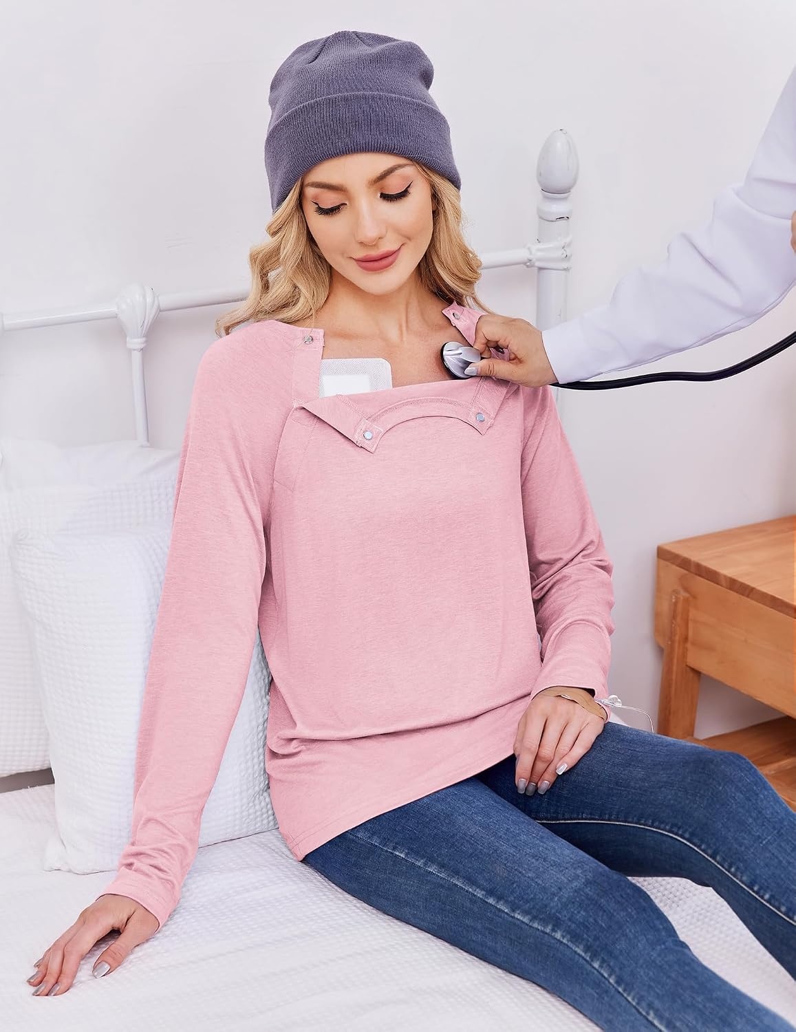 image:imageDeyeek Womens Long Sleeve Magnetic Buttons Chemo Shirts for Port Access Tear Away Post Surgery Shirt Dialysis Tops for PICC Line HD Catheter Cancer Chemotherapy Must Haves Shoulder RecoveryPink