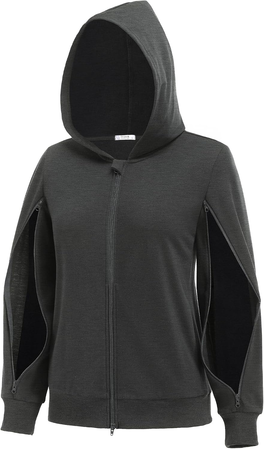 image:imageDeyeek Womens Zip Up Hoodie Sweatshirts with Arm Zipper and Drain Pockets Dualarm Zippers Allow Easy IV PICC Dialysis HD Catheter Chemo Port Access Inner Pockets Hold Post Mastectomy Drain BagsDark Grey