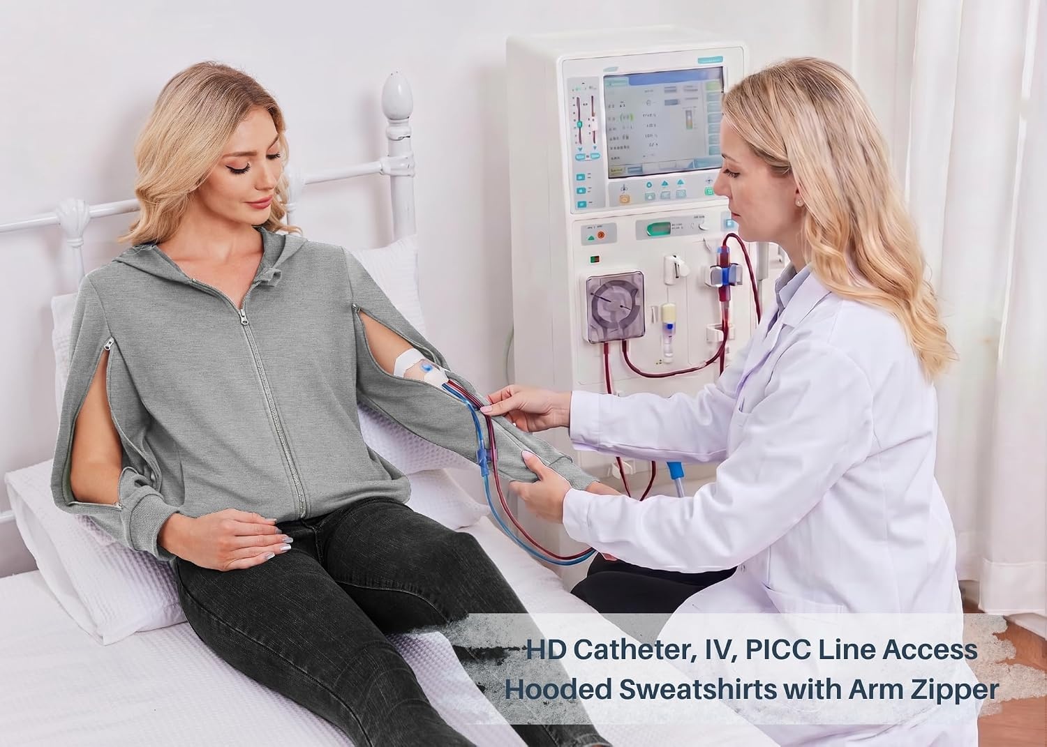 image:imageDeyeek Womens Zip Up Hoodie Sweatshirts with Arm Zipper and Drain Pockets Dualarm Zippers Allow Easy IV PICC Dialysis HD Catheter Chemo Port Access Inner Pockets Hold Post Mastectomy Drain BagsGrey