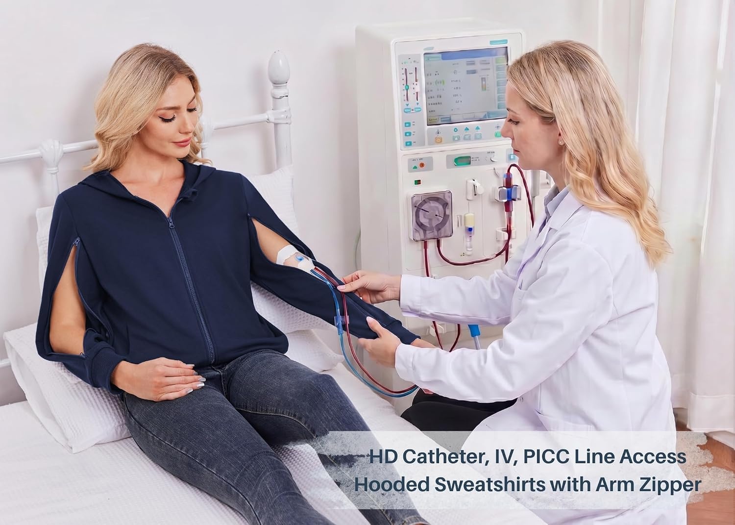image:imageDeyeek Womens Zip Up Hoodie Sweatshirts with Arm Zipper and Drain Pockets Dualarm Zippers Allow Easy IV PICC Dialysis HD Catheter Chemo Port Access Inner Pockets Hold Post Mastectomy Drain BagsNavy Blue