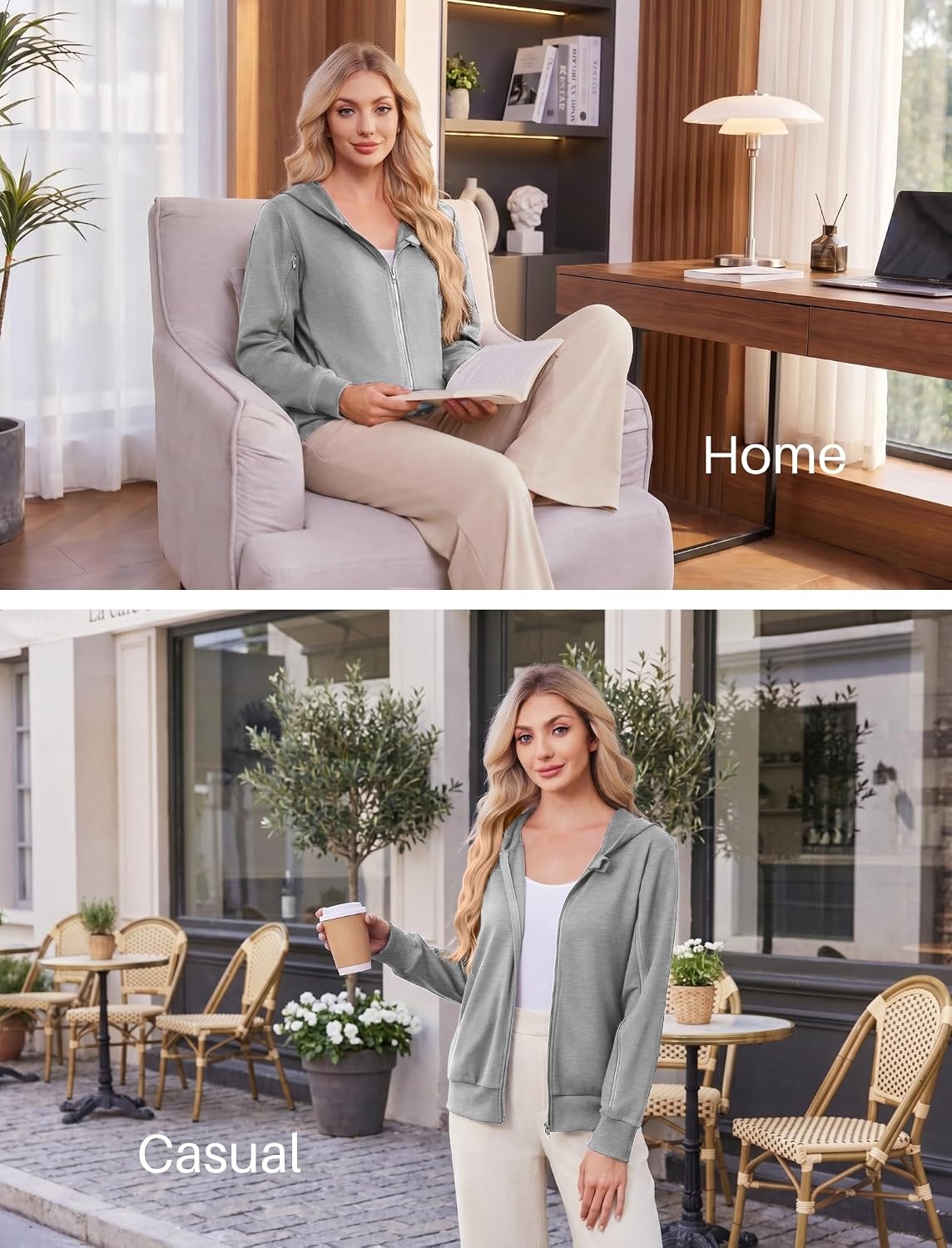 image:imageDeyeek Womens Zip Up Hoodie Sweatshirts with Arm Zipper and Drain Pockets Dualarm Zippers Allow Easy IV PICC Dialysis HD Catheter Chemo Port Access Inner Pockets Hold Post Mastectomy Drain BagsGrey