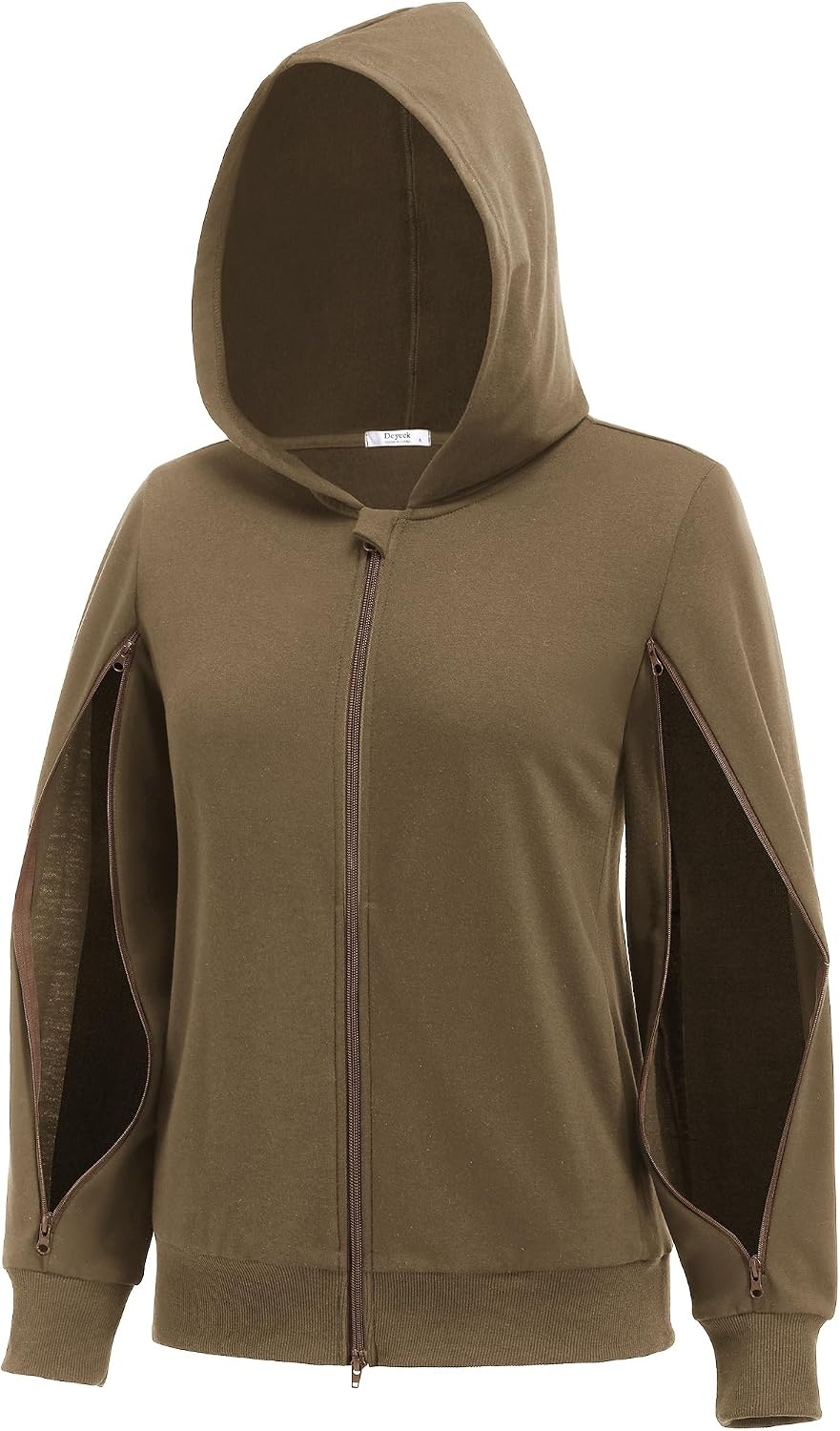 image:imageDeyeek Womens Zip Up Hoodie Sweatshirts with Arm Zipper and Drain Pockets Dualarm Zippers Allow Easy IV PICC Dialysis HD Catheter Chemo Port Access Inner Pockets Hold Post Mastectomy Drain BagsMalt Brown