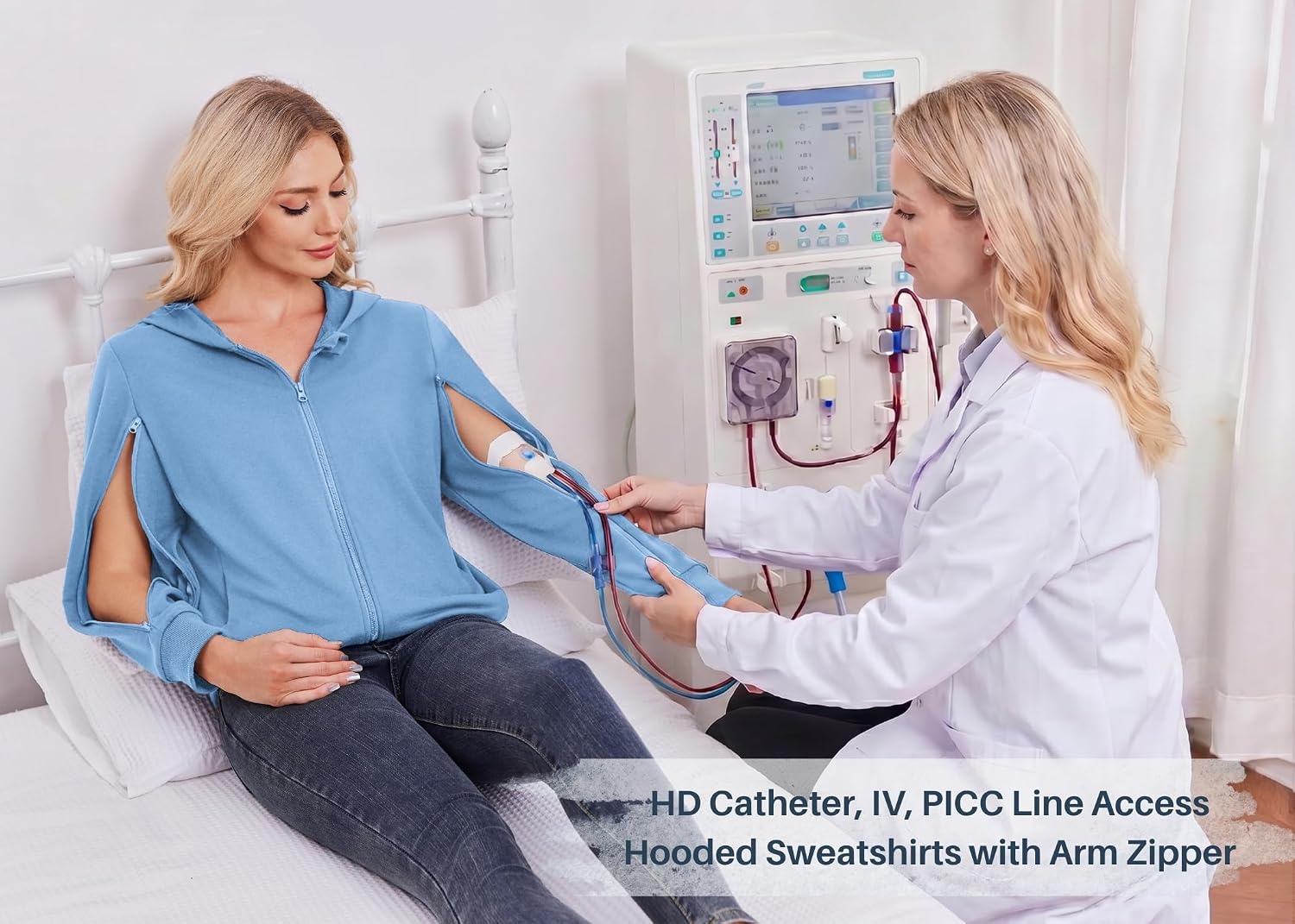 image:imageDeyeek Womens Zip Up Hoodie Sweatshirts with Arm Zipper and Drain Pockets Dualarm Zippers Allow Easy IV PICC Dialysis HD Catheter Chemo Port Access Inner Pockets Hold Post Mastectomy Drain BagsLight Blue
