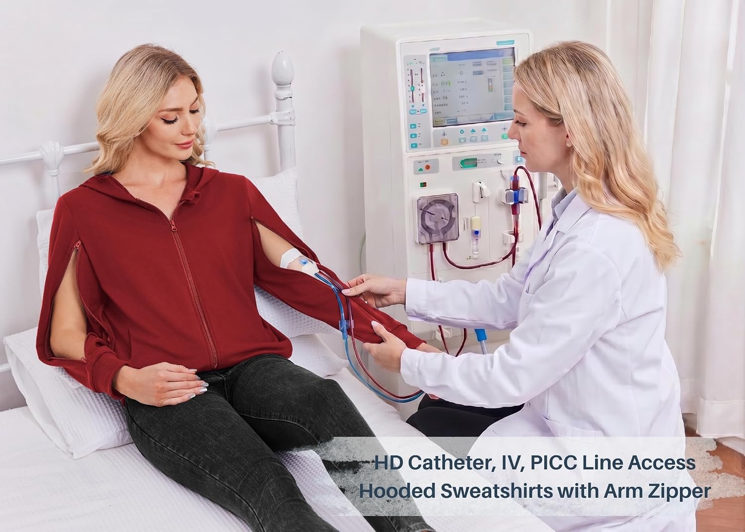 image:imageDeyeek Womens Zip Up Hoodie Sweatshirts with Arm Zipper and Drain Pockets Dualarm Zippers Allow Easy IV PICC Dialysis HD Catheter Chemo Port Access Inner Pockets Hold Post Mastectomy Drain BagsDark Red