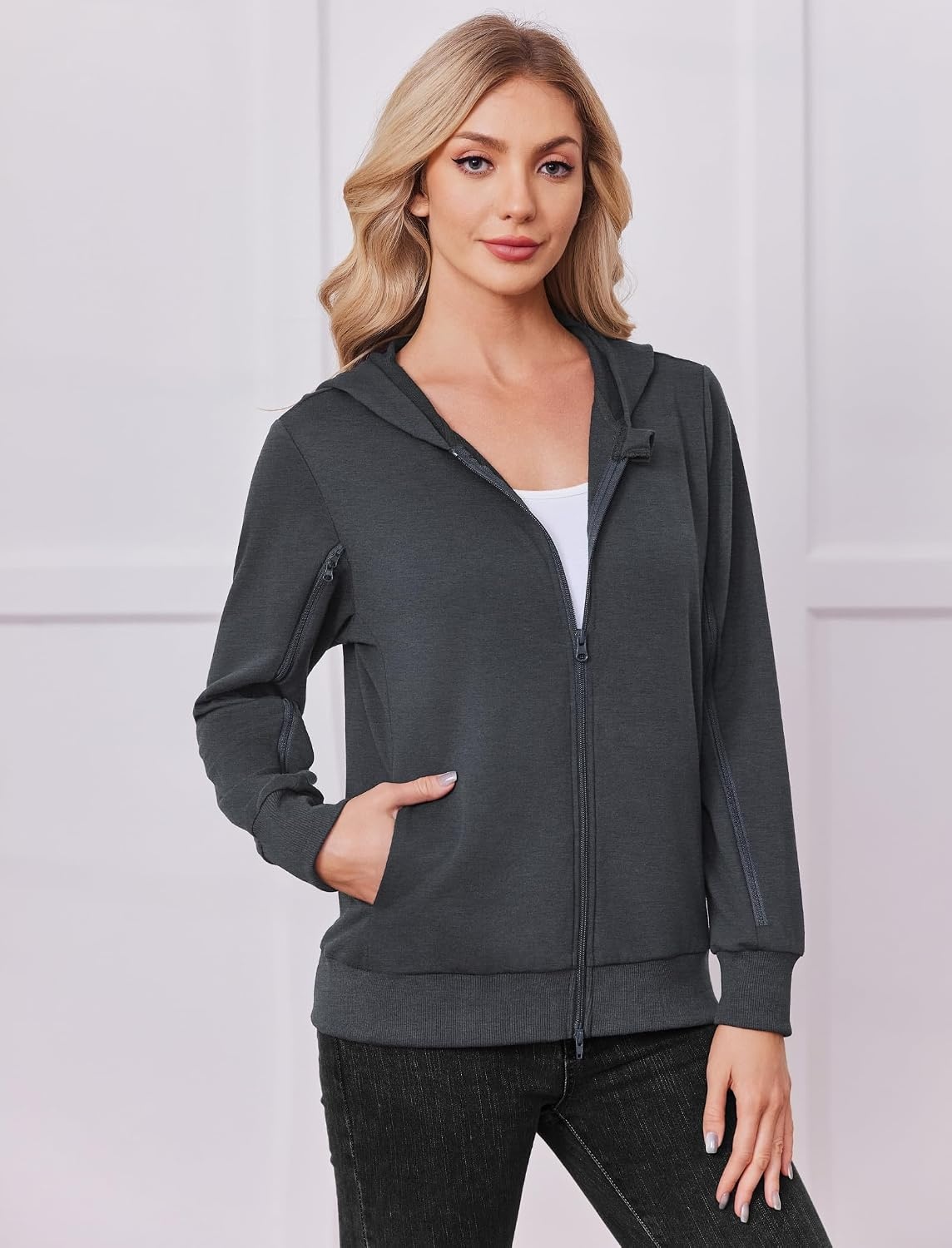 image:imageDeyeek Womens Zip Up Hoodie Sweatshirts with Arm Zipper and Drain Pockets Dualarm Zippers Allow Easy IV PICC Dialysis HD Catheter Chemo Port Access Inner Pockets Hold Post Mastectomy Drain BagsDark Grey