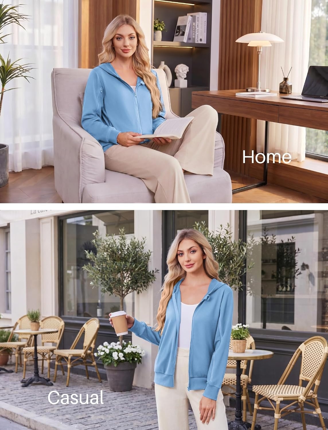 image:imageDeyeek Womens Zip Up Hoodie Sweatshirts with Arm Zipper and Drain Pockets Dualarm Zippers Allow Easy IV PICC Dialysis HD Catheter Chemo Port Access Inner Pockets Hold Post Mastectomy Drain BagsLight Blue