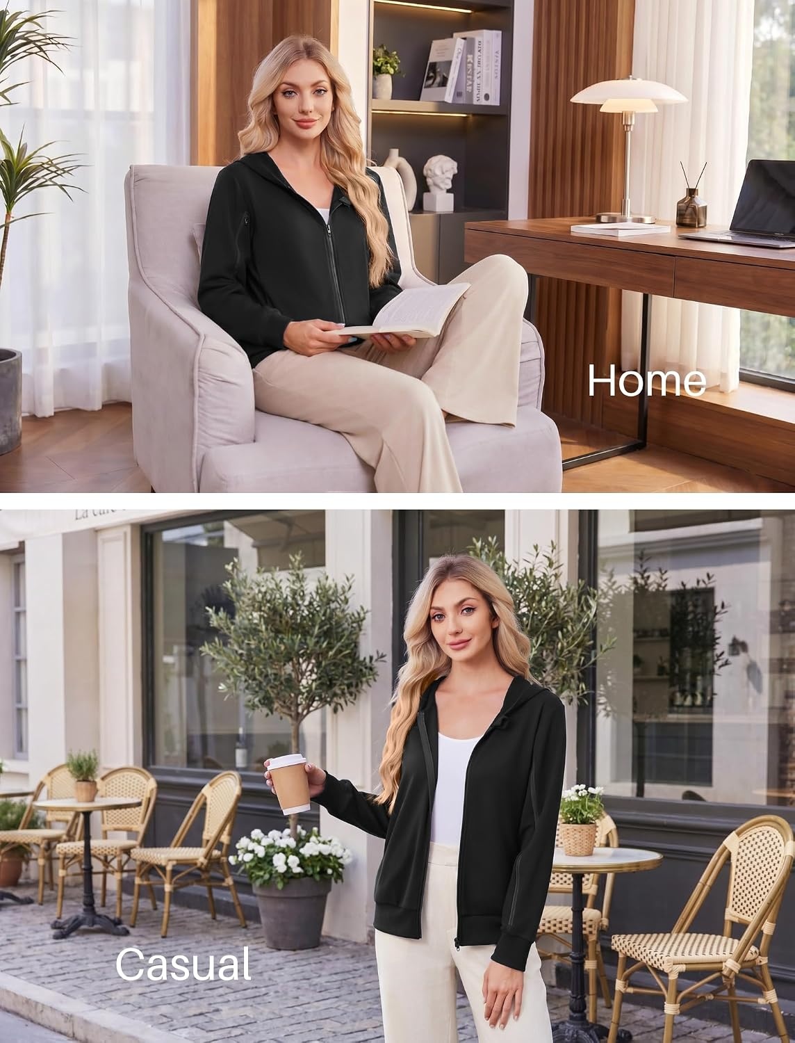image:imageDeyeek Womens Zip Up Hoodie Sweatshirts with Arm Zipper and Drain Pockets Dualarm Zippers Allow Easy IV PICC Dialysis HD Catheter Chemo Port Access Inner Pockets Hold Post Mastectomy Drain BagsBlack