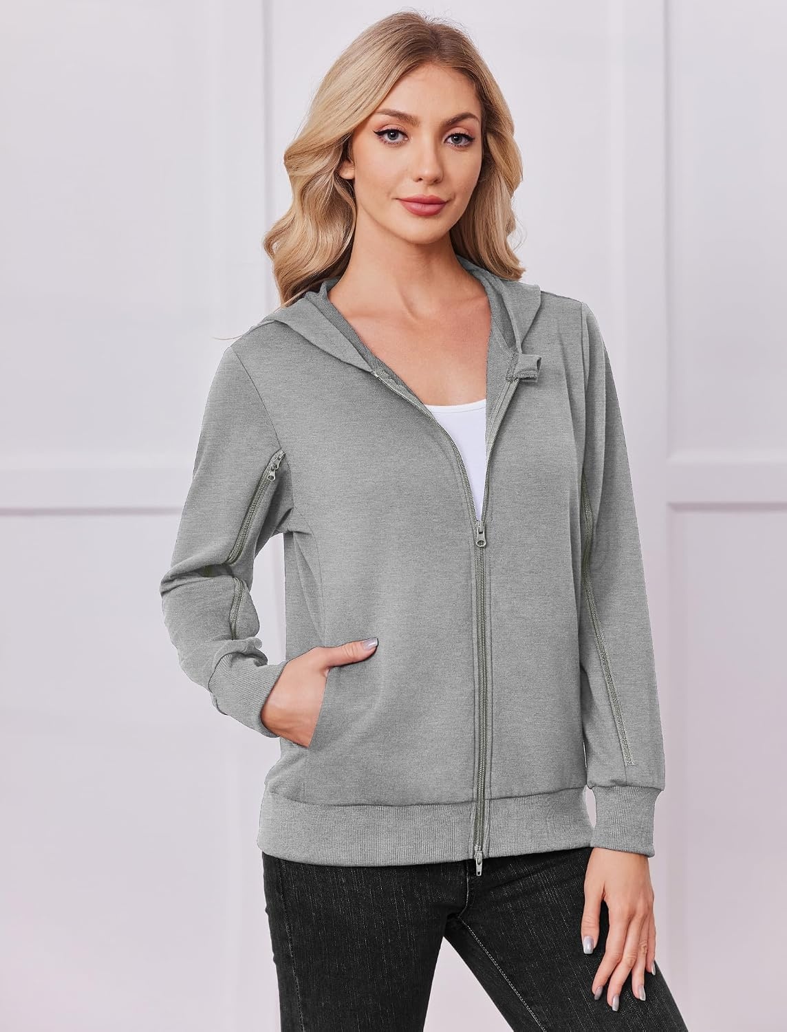 image:imageDeyeek Womens Zip Up Hoodie Sweatshirts with Arm Zipper and Drain Pockets Dualarm Zippers Allow Easy IV PICC Dialysis HD Catheter Chemo Port Access Inner Pockets Hold Post Mastectomy Drain BagsGrey