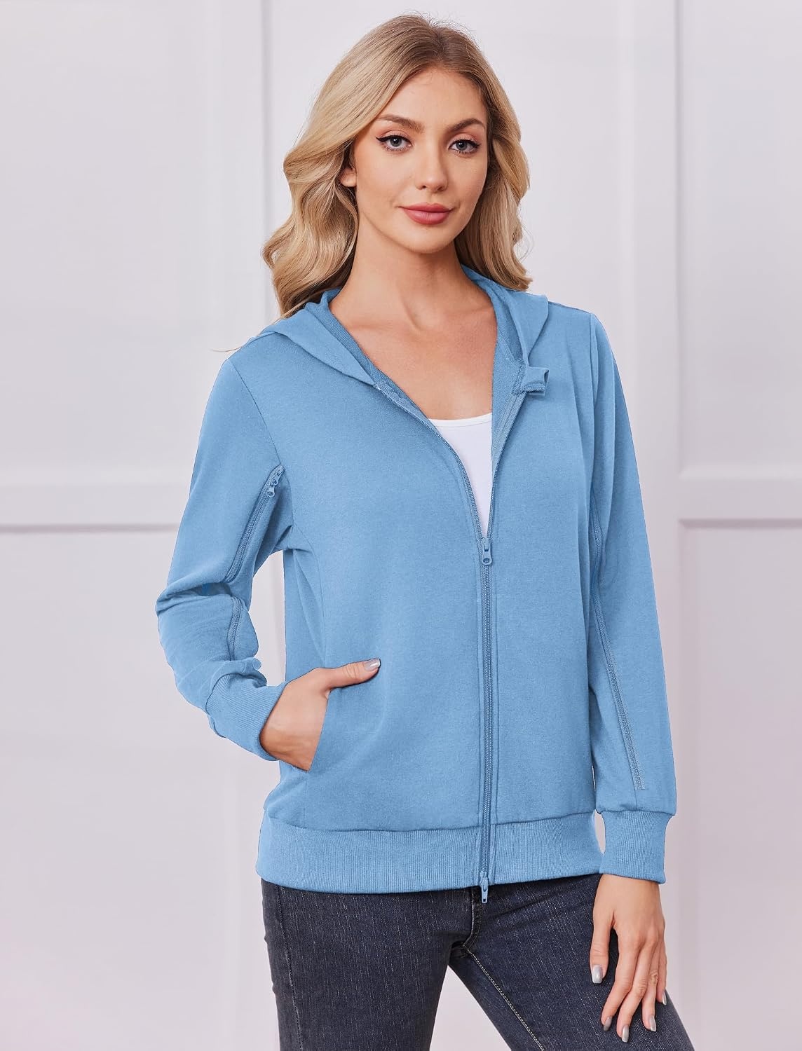 image:imageDeyeek Womens Zip Up Hoodie Sweatshirts with Arm Zipper and Drain Pockets Dualarm Zippers Allow Easy IV PICC Dialysis HD Catheter Chemo Port Access Inner Pockets Hold Post Mastectomy Drain BagsLight Blue
