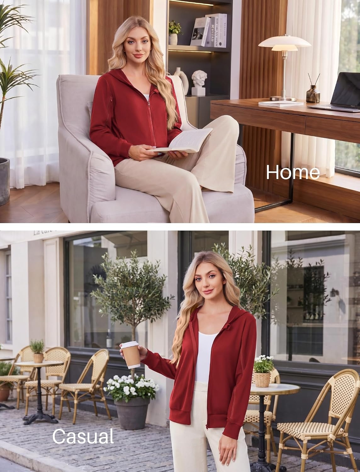 image:imageDeyeek Womens Zip Up Hoodie Sweatshirts with Arm Zipper and Drain Pockets Dualarm Zippers Allow Easy IV PICC Dialysis HD Catheter Chemo Port Access Inner Pockets Hold Post Mastectomy Drain BagsDark Red