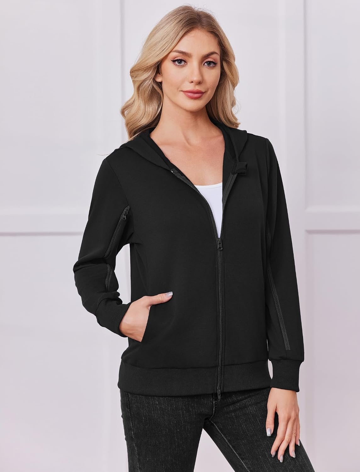image:imageDeyeek Womens Zip Up Hoodie Sweatshirts with Arm Zipper and Drain Pockets Dualarm Zippers Allow Easy IV PICC Dialysis HD Catheter Chemo Port Access Inner Pockets Hold Post Mastectomy Drain BagsBlack