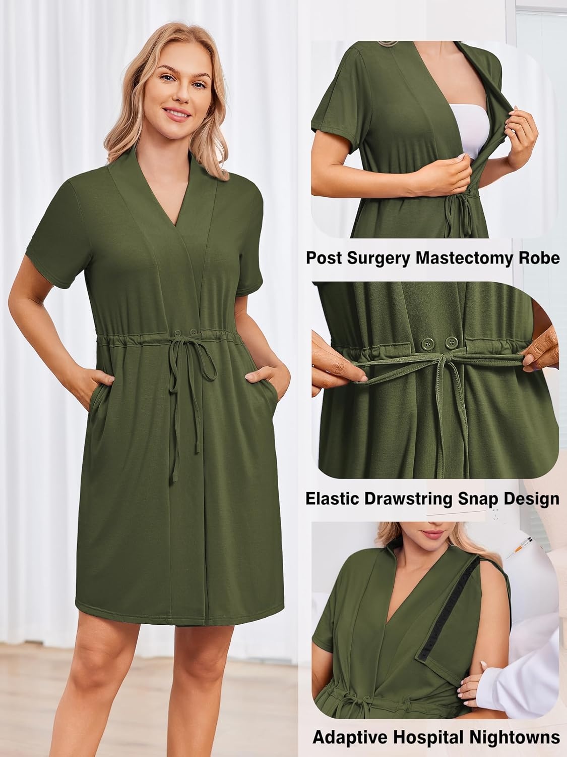 image:imageWomens Post Surgery Mastectomy Robe with 4 Internal Drain Pockets Short Sleeve Adaptive Nightgowns Pajama Dress ShirtArmy Green