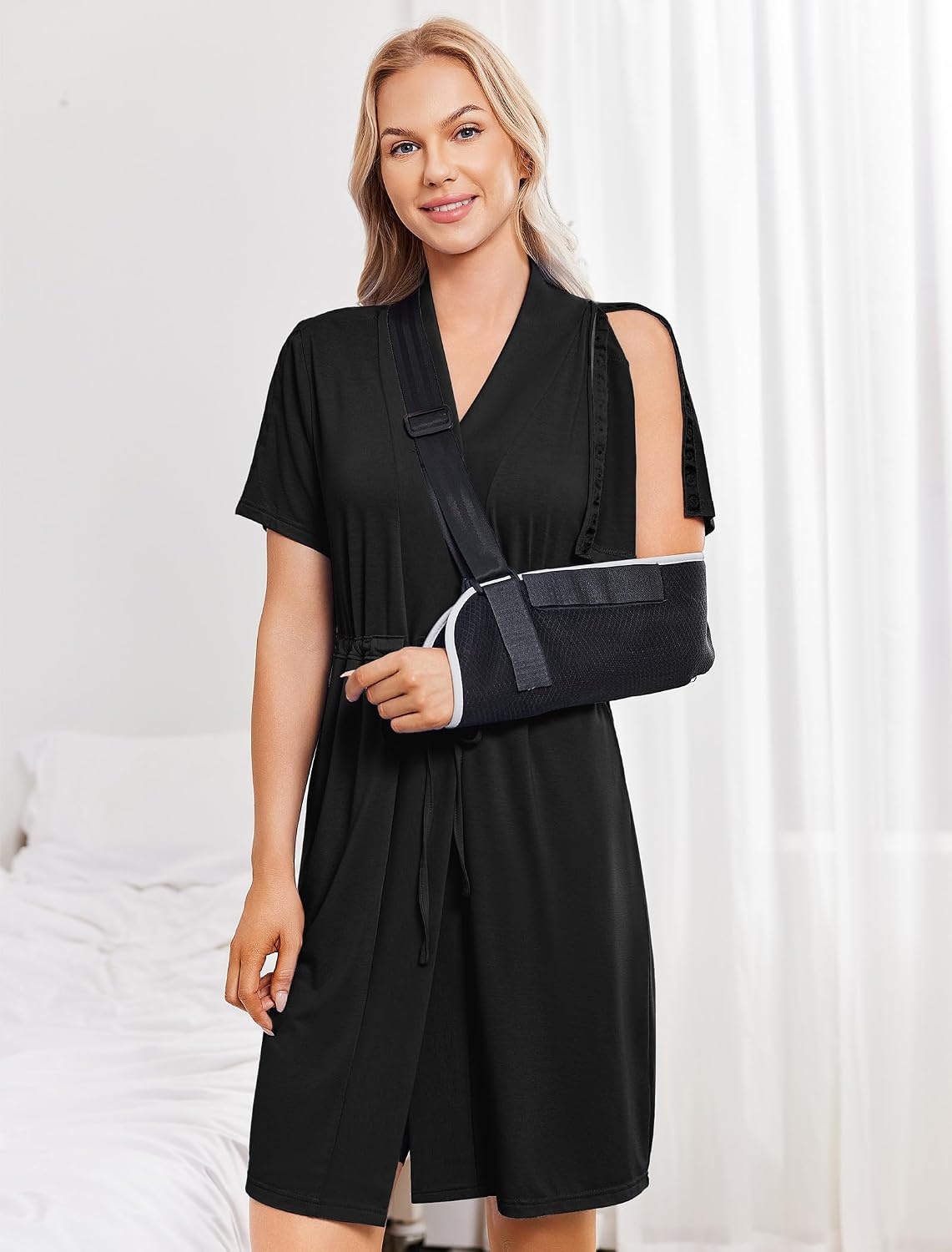 image:imageWomens Post Surgery Mastectomy Robe with 4 Internal Drain Pockets Short Sleeve Adaptive Nightgowns Pajama Dress ShirtBlack