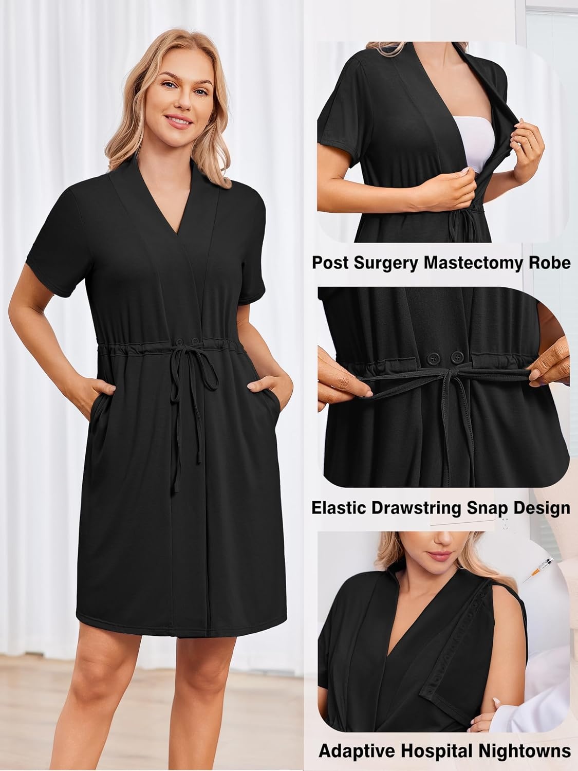 image:imageWomens Post Surgery Mastectomy Robe with 4 Internal Drain Pockets Short Sleeve Adaptive Nightgowns Pajama Dress ShirtBlack