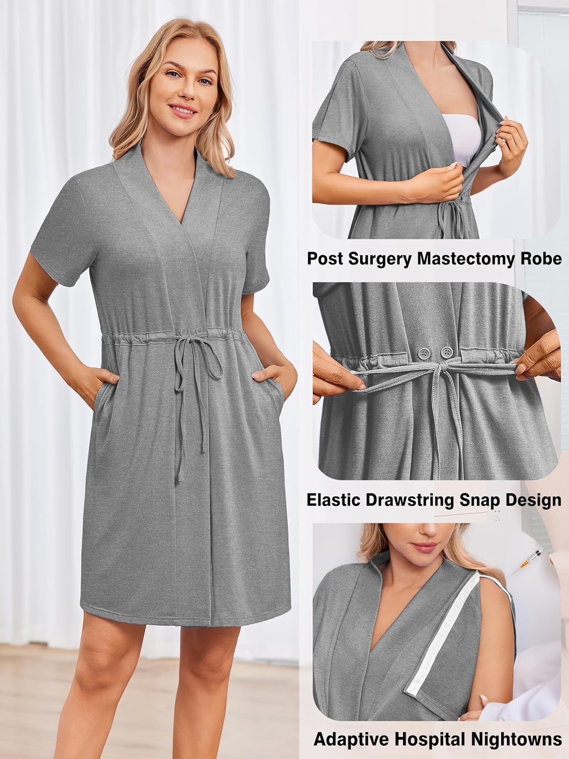 image:imageWomens Post Surgery Mastectomy Robe with 4 Internal Drain Pockets Short Sleeve Adaptive Nightgowns Pajama Dress ShirtGrey