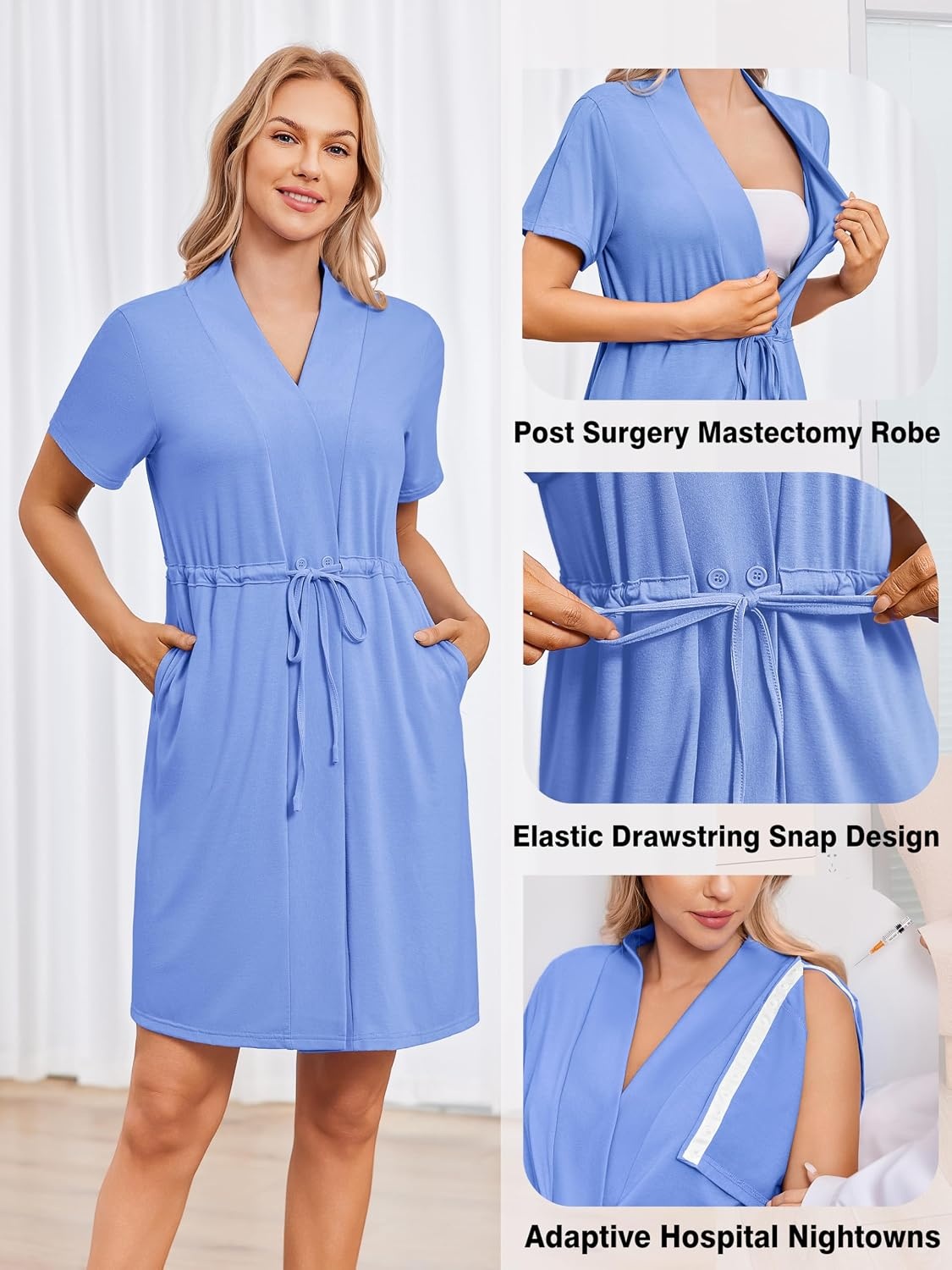 image:imageWomens Post Surgery Mastectomy Robe with 4 Internal Drain Pockets Short Sleeve Adaptive Nightgowns Pajama Dress ShirtLight Blue