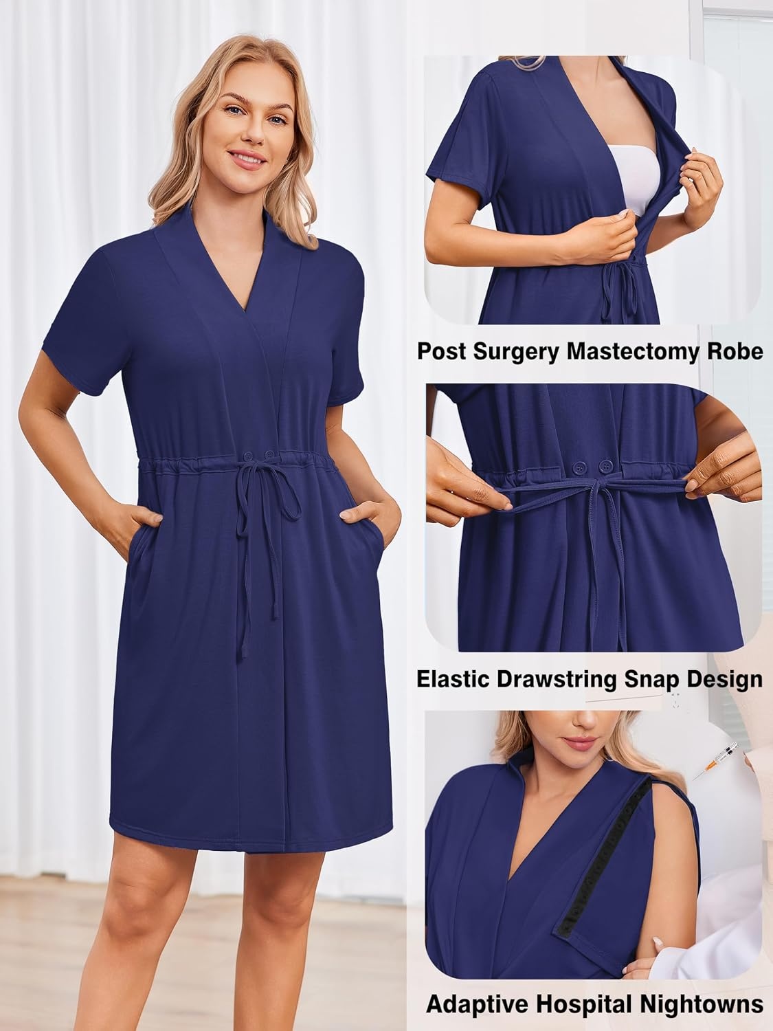 image:imageWomens Post Surgery Mastectomy Robe with 4 Internal Drain Pockets Short Sleeve Adaptive Nightgowns Pajama Dress ShirtNavy Blue