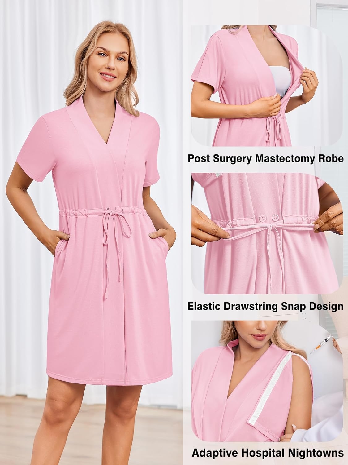 image:imageWomens Post Surgery Mastectomy Robe with 4 Internal Drain Pockets Short Sleeve Adaptive Nightgowns Pajama Dress ShirtPink