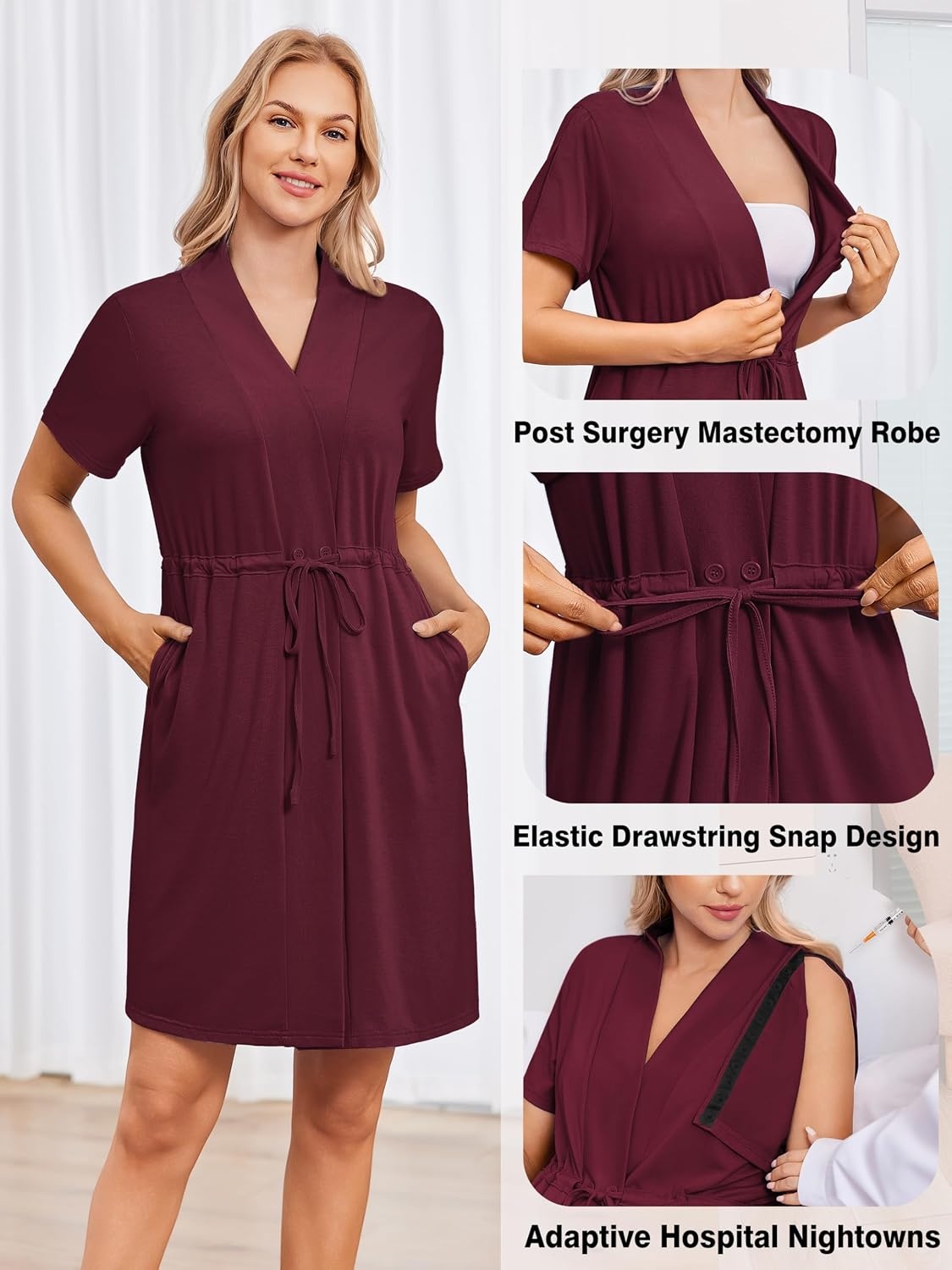 image:imageWomens Post Surgery Mastectomy Robe with 4 Internal Drain Pockets Short Sleeve Adaptive Nightgowns Pajama Dress ShirtWine Red
