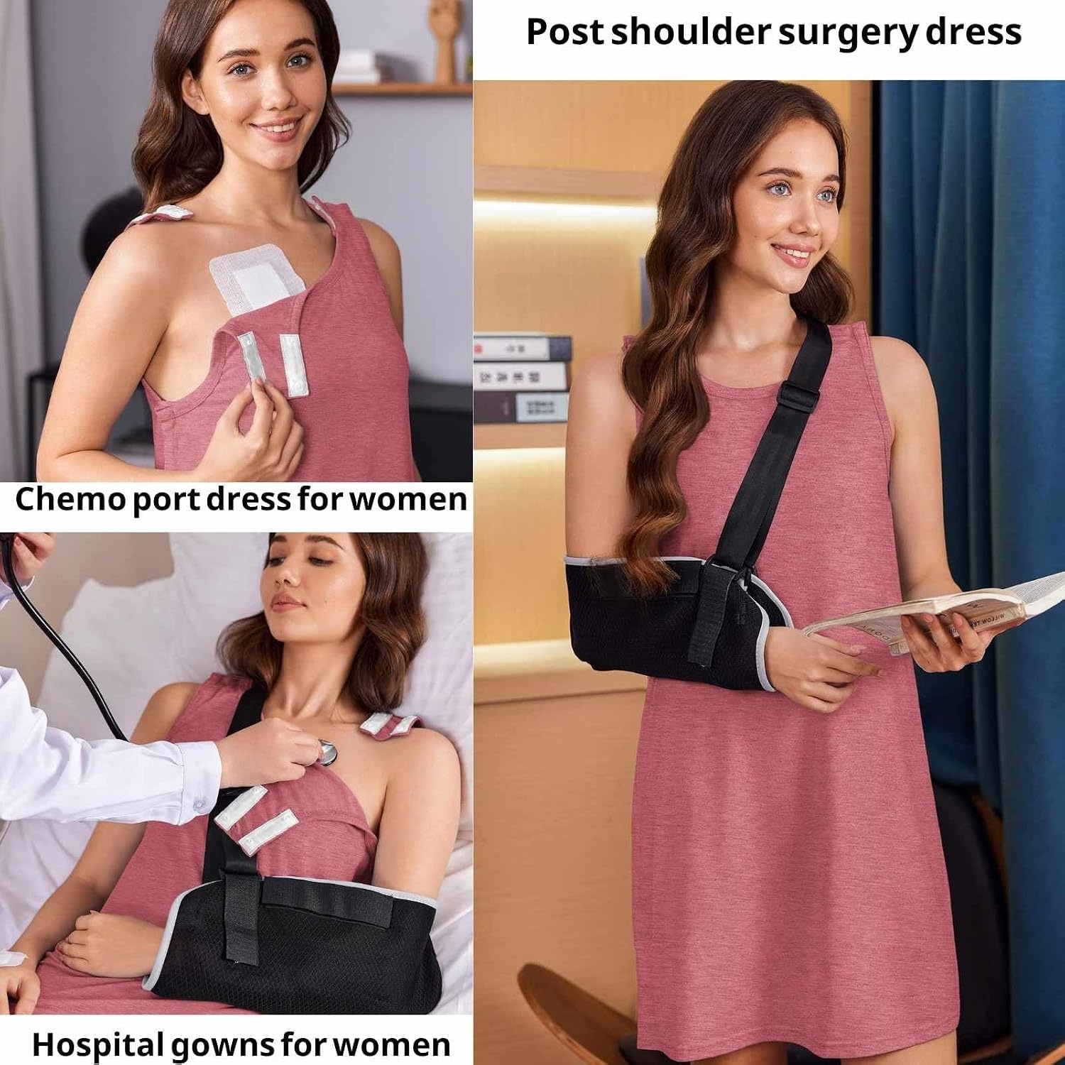 image:imageWomens Shoulder Surgery Dress Full Tear Away Sleeveless Chemo Gown Full Tearaway Side Snaps Sleeveless Easy Access No Undressing Port Access Tank Dress Rotator Cuff Chemo DialysisRose Red