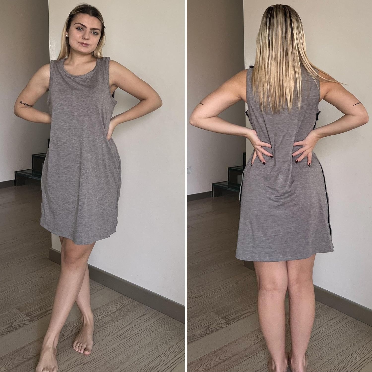 image:imageWomens Shoulder Surgery Dress Full Tear Away Sleeveless Chemo Gown Full Tearaway Side Snaps Sleeveless Easy Access No Undressing Port Access Tank Dress Rotator Cuff Chemo DialysisLight Gray