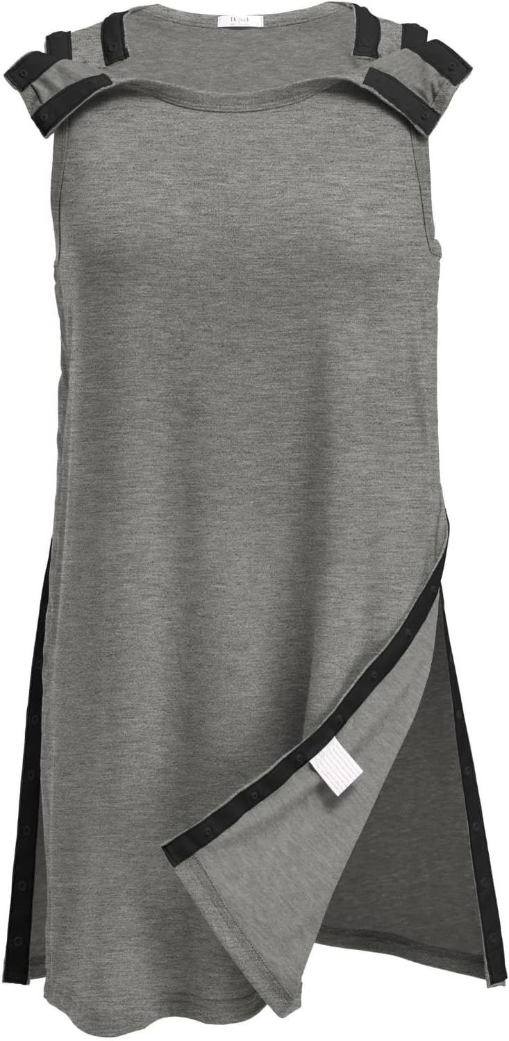image:imageWomens Shoulder Surgery Dress Full Tear Away Sleeveless Chemo Gown Full Tearaway Side Snaps Sleeveless Easy Access No Undressing Port Access Tank Dress Rotator Cuff Chemo DialysisLight Gray