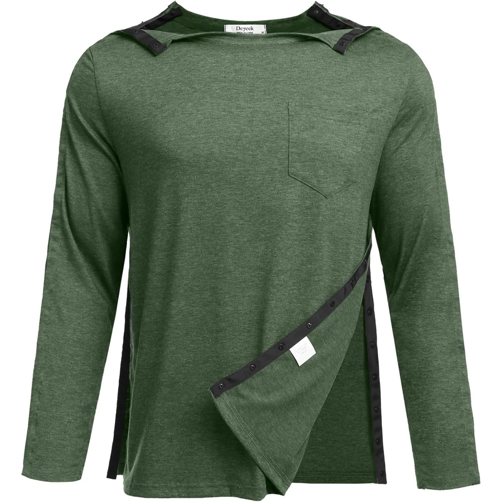 image:imageDeyeek Mens Post Shoulder Surgery Recovery Shirt Tear Away Snap Chemo Top Full Tear Away Snaps for Easy Dressing Ideal for Shoulder Surgery Recovery Rotator Cuff Chemo Port Access amp DialysisArmy Green
