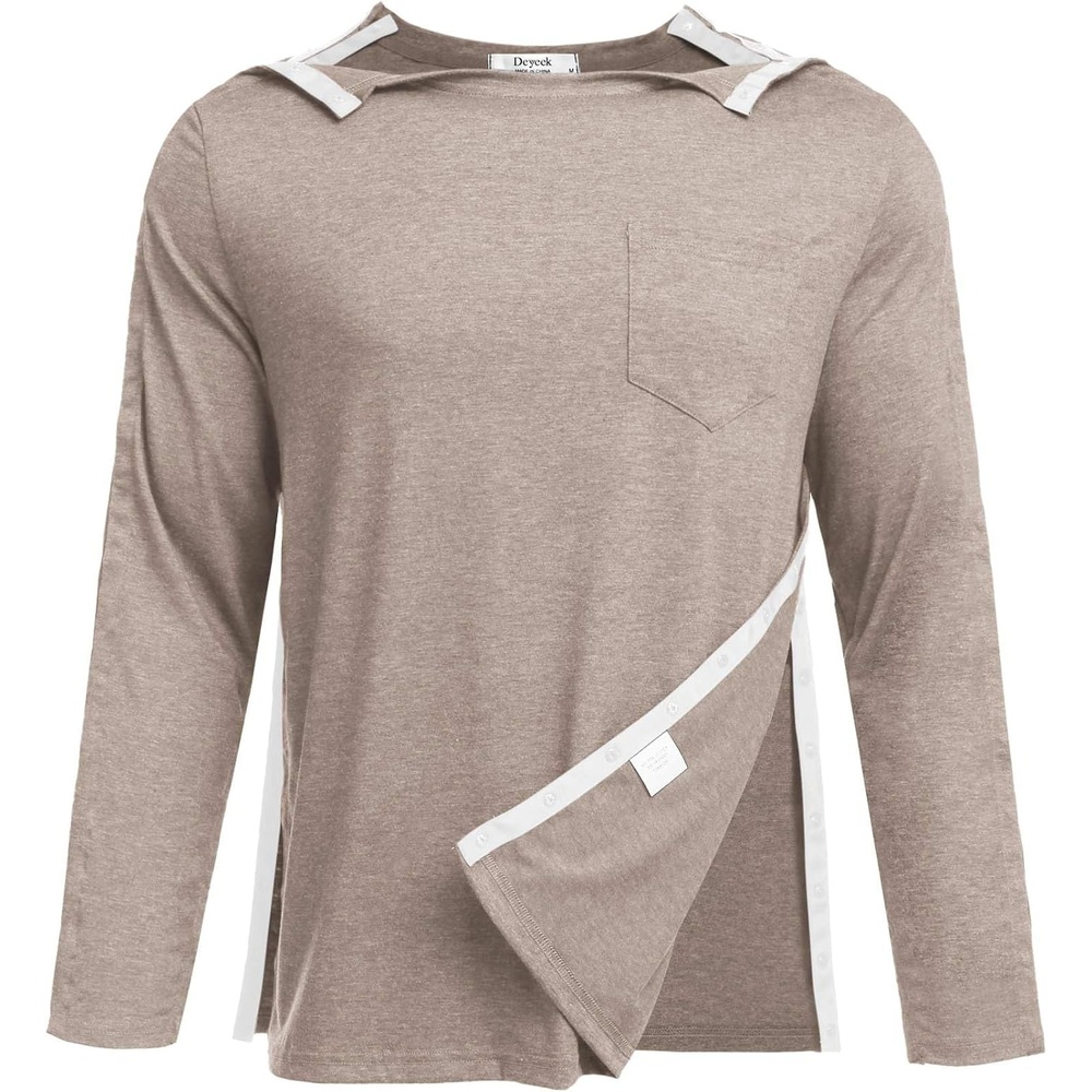 image:imageDeyeek Mens Post Shoulder Surgery Recovery Shirt Tear Away Snap Chemo Top Full Tear Away Snaps for Easy Dressing Ideal for Shoulder Surgery Recovery Rotator Cuff Chemo Port Access amp DialysisKhaki