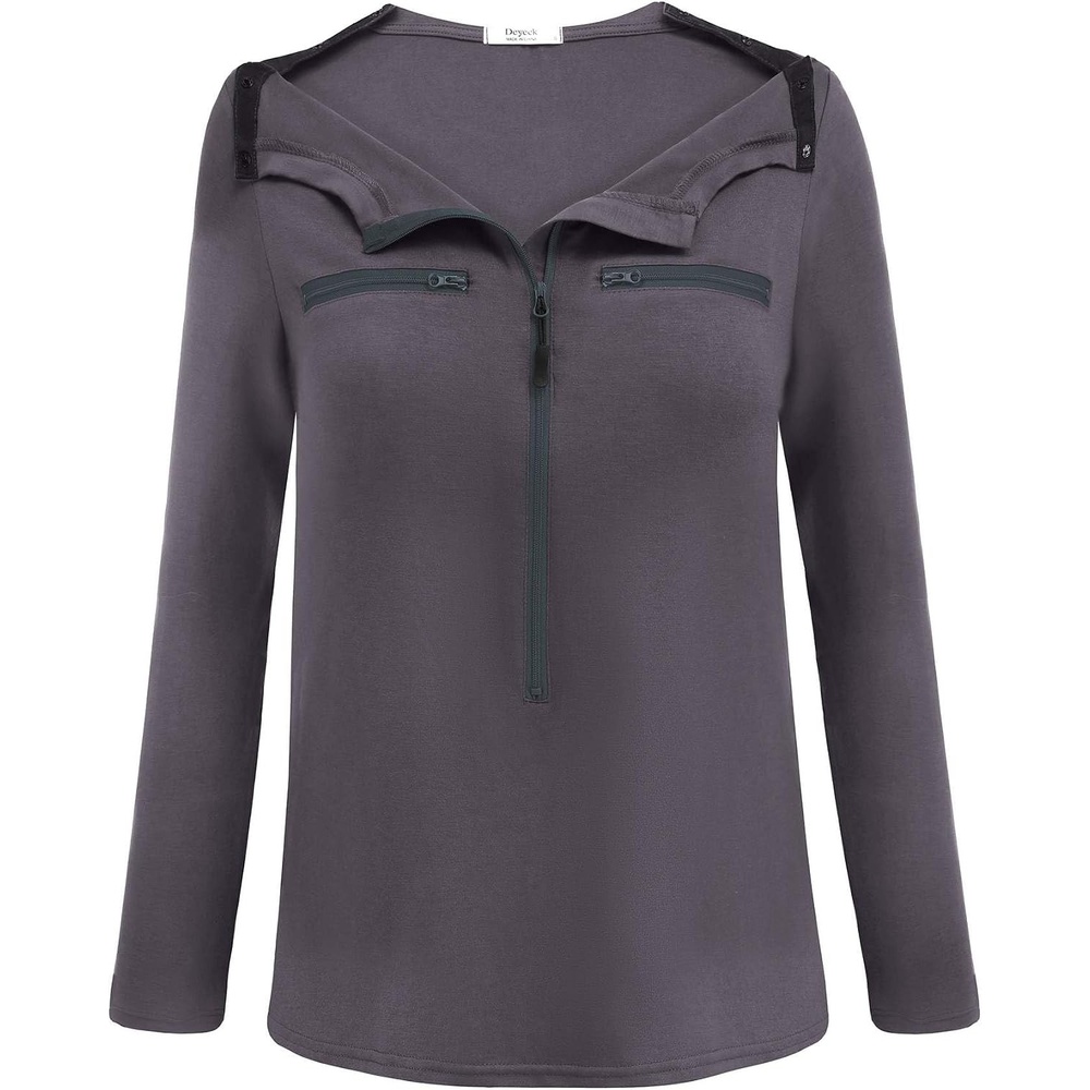 image:imageDeyeek Womens Long Sleeve Chemo Shirts Port Access Chemotherapy Apparel Practical chemotherapy must haves A thoughtful and comfortable recovery clothing gift for cancer patientsDark Grey