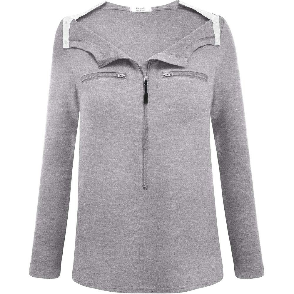 image:imageDeyeek Womens Long Sleeve Chemo Shirts Port Access Chemotherapy Apparel Practical chemotherapy must haves A thoughtful and comfortable recovery clothing gift for cancer patientsLight Grey