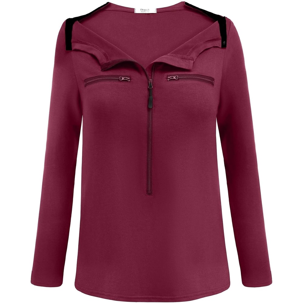 image:imageDeyeek Womens Long Sleeve Chemo Shirts Port Access Chemotherapy Apparel  Practical chemotherapy must haves A thoughtful and comfortable recovery clothing gift for cancer patientsWine Red